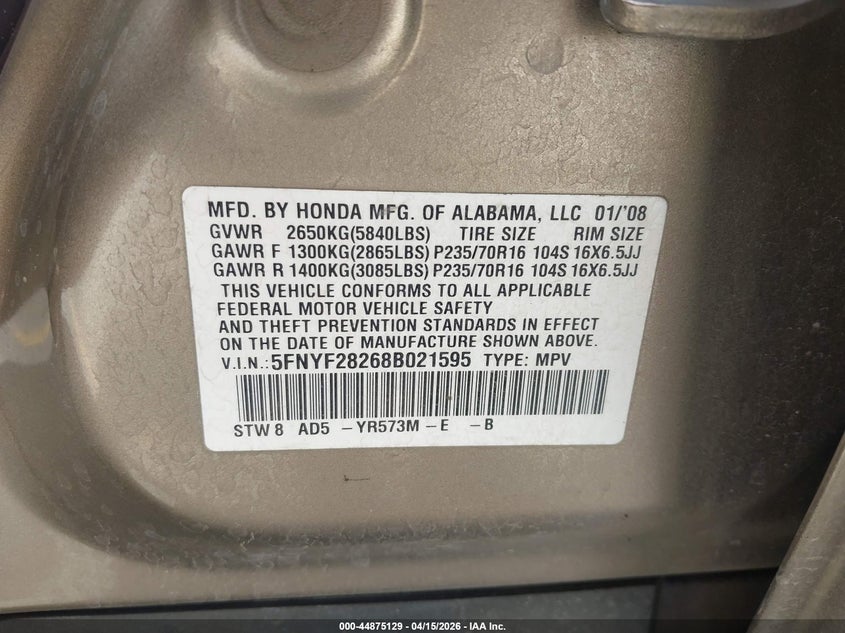 2008 Honda Pilot Vp VIN: 5FNYF28268B021595 Lot: 44875129