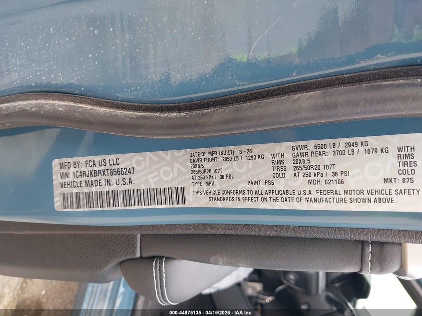 2026 Jeep Grand Cherokee L Limited Reserve VIN: 1C4RJKBRXT8566247 Lot: 44875135