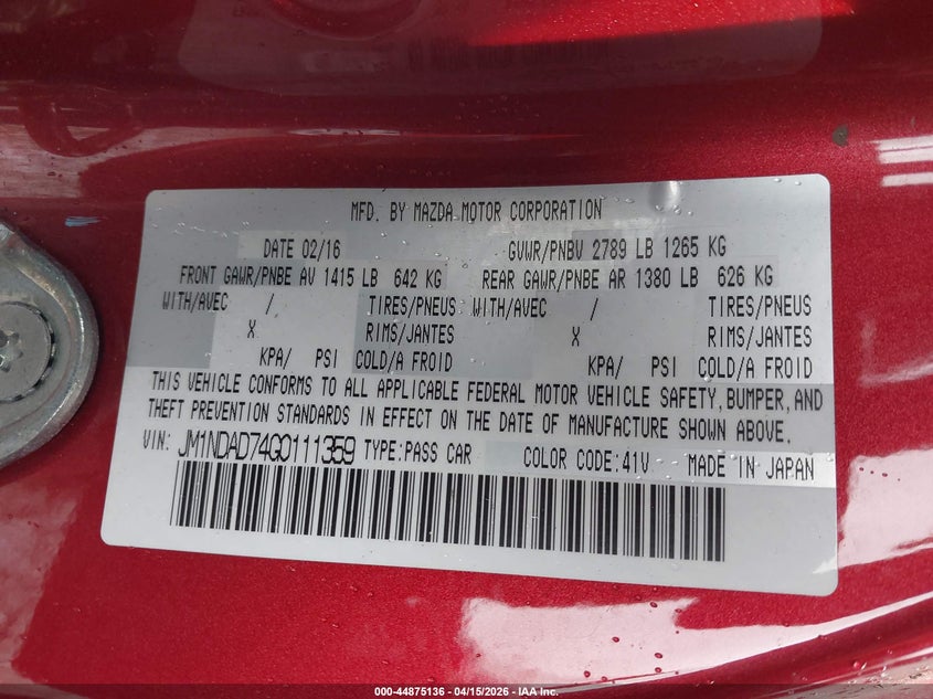 2016 Mazda Mx-5 Miata Grand Touring VIN: JM1NDAD74G0111359 Lot: 44875136