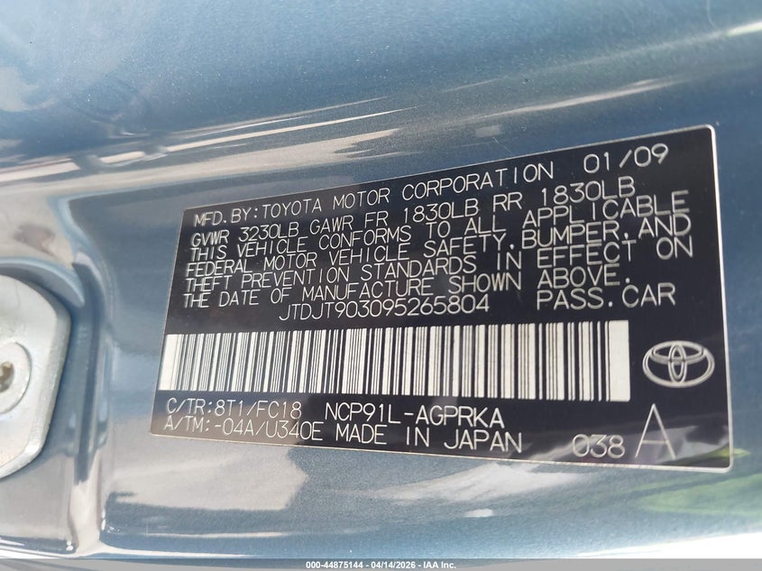 2009 Toyota Yaris VIN: JTDJT903095265804 Lot: 44875144