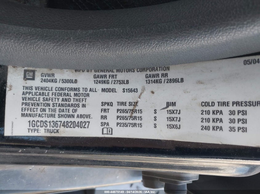 2004 Chevrolet Colorado Ls VIN: 1GCDS136748204027 Lot: 44875149