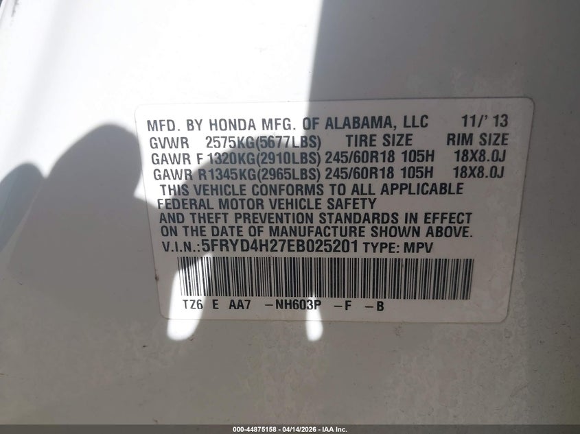 2014 Acura Mdx VIN: 5FRYD4H27EB025201 Lot: 44875158