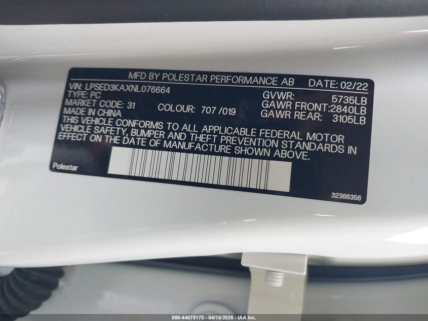 2022 Polestar 2 Long Range Dual Motor VIN: LPSED3KAXNL076664 Lot: 44875170