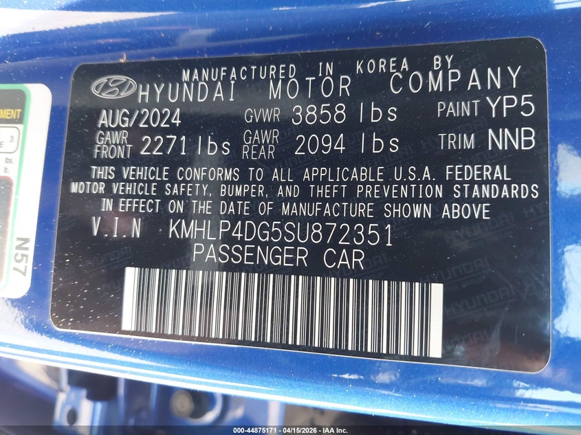 2025 Hyundai Elantra Limited VIN: KMHLP4DG5SU872351 Lot: 44875171