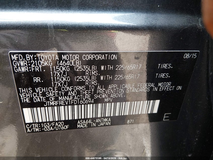 2015 Toyota Rav4 Xle VIN: JTMRFREV1FD160694 Lot: 44875196