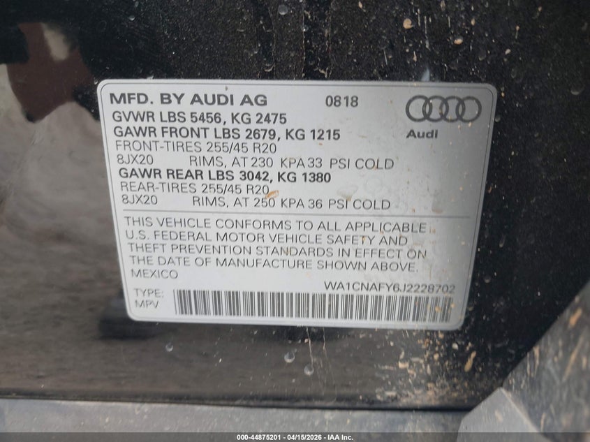 2018 Audi Q5 2.0T Premium/2.0T Tech Premium VIN: WA1CNAFY6J2228702 Lot: 44875201