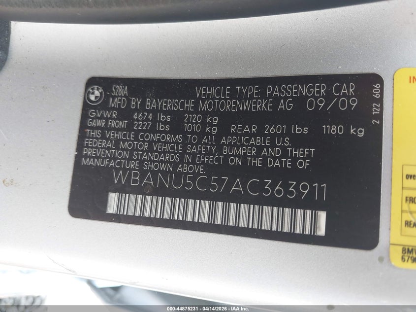 2010 BMW 528I VIN: WBANU5C57AC363911 Lot: 44875231
