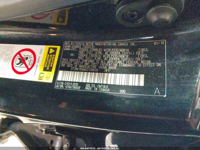 2012 Lexus Rx 350 VIN: 2T2BK1BA6CC139439 Lot: 44875233