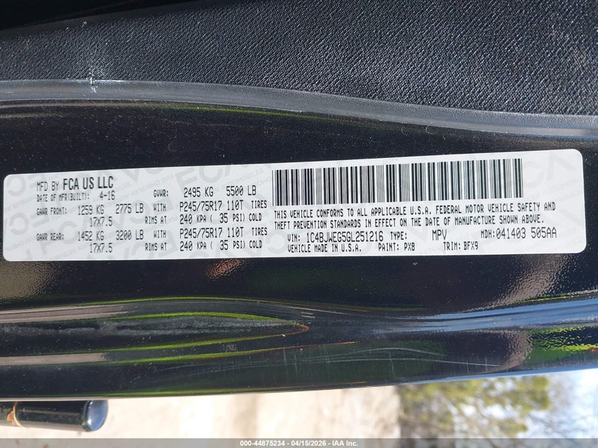 2016 Jeep Wrangler Unlimited 75Th Anniversary VIN: 1C4BJWEG5GL251216 Lot: 44875234