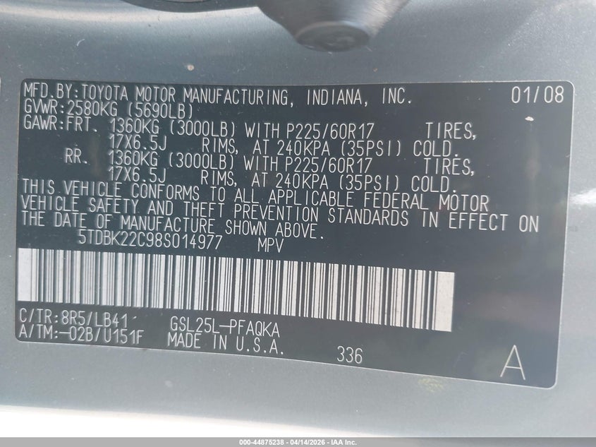 2008 Toyota Sienna Limited VIN: 5TDBK22C98S014977 Lot: 44875238