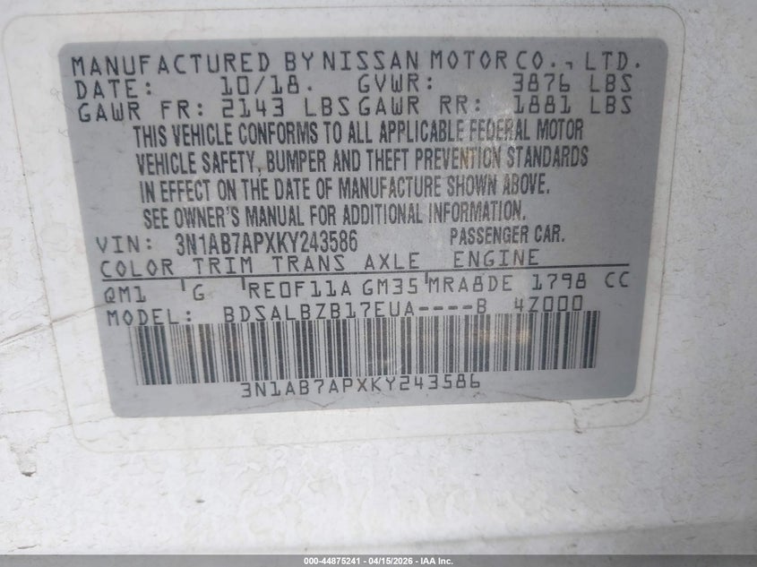 2019 Nissan Sentra S VIN: 3N1AB7APXKY243586 Lot: 44875241