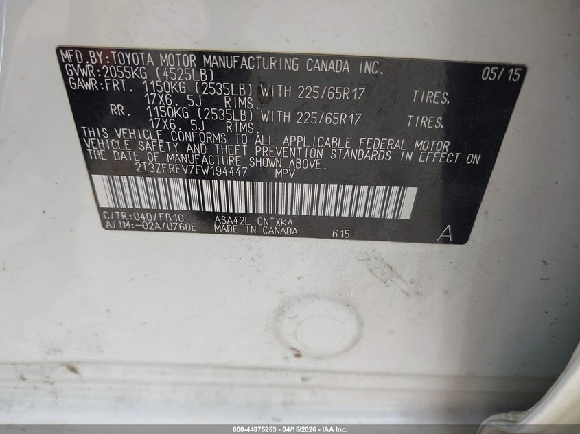 2015 Toyota Rav4 Le VIN: 2T3ZFREV7FW194447 Lot: 44875253