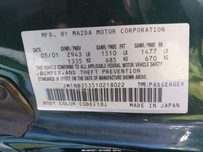 2001 Mazda Mx-5 Miata Ls/Special Edition VIN: JM1NB353510218022 Lot: 44875271