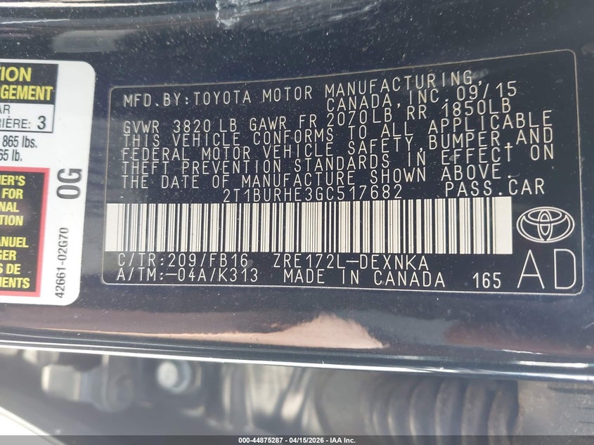 2016 Toyota Corolla Le VIN: 2T1BURHE3GC517682 Lot: 44875287