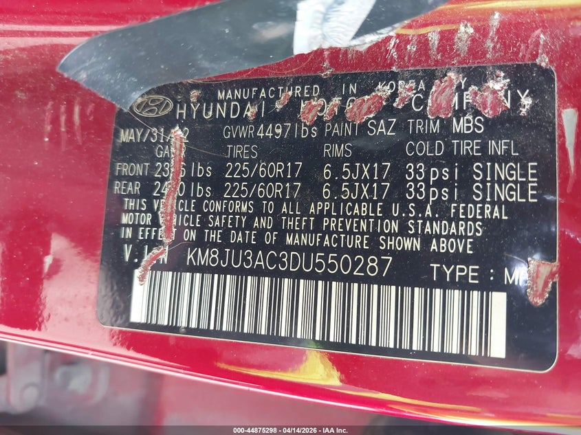 2013 Hyundai Tucson Gls VIN: KM8JU3AC3DU550287 Lot: 44875298
