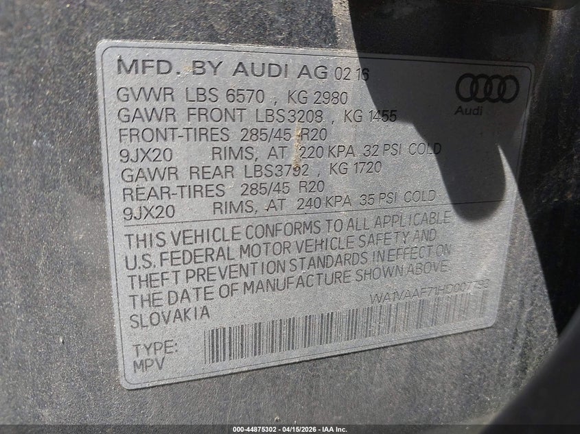 2017 Audi Q7 3.0T Premium VIN: WA1VAAF71HD007793 Lot: 44875302
