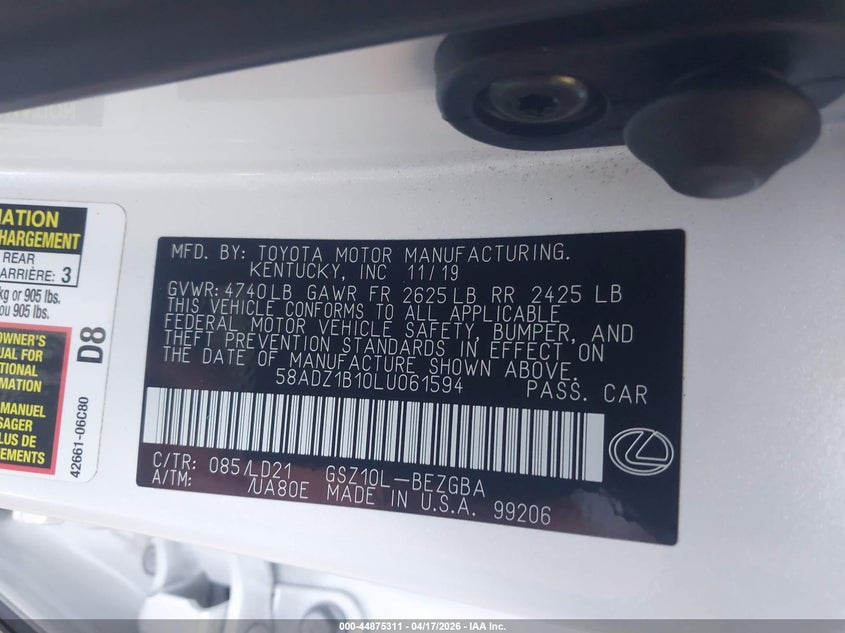 2020 LEXUS ES SEDAN 3.5L V-6 DI, DOHC, VVT, 302HP
