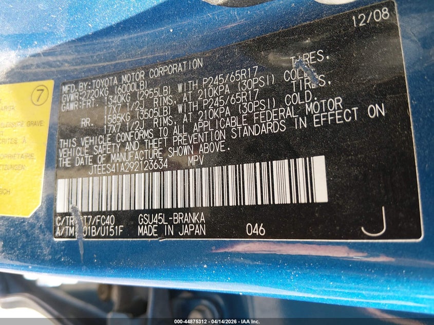 2009 Toyota Highlander VIN: JTEES41A292123634 Lot: 44875312