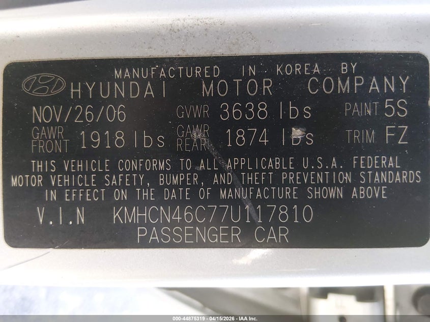 2007 Hyundai Accent Gls VIN: KMHCN46C77U117810 Lot: 44875319