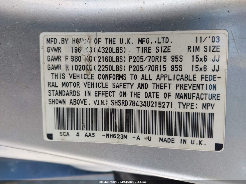 2004 Honda Cr-V Lx VIN: SHSRD78434U215271 Lot: 44875328