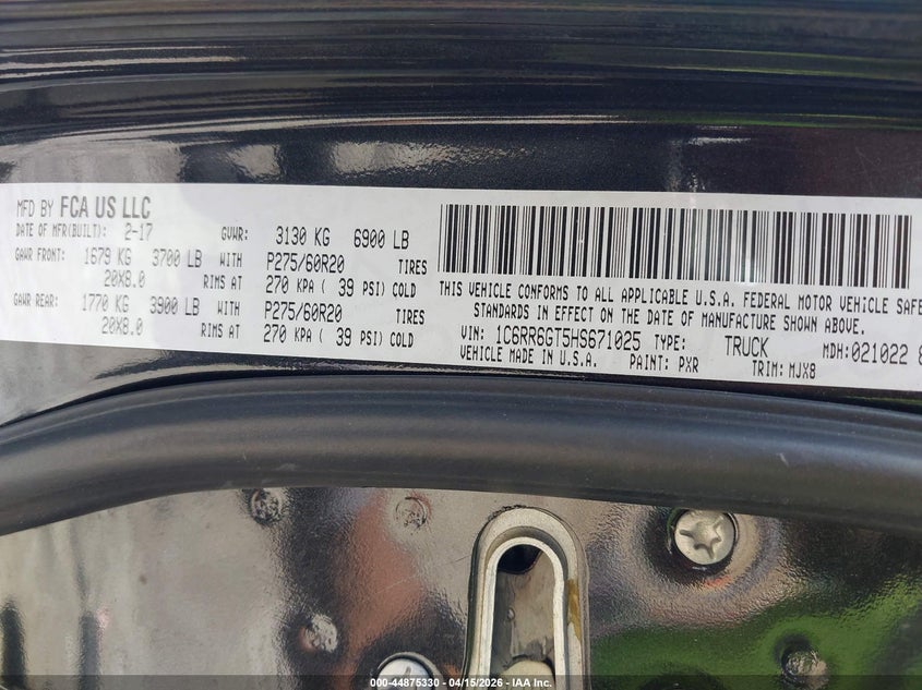 2017 Ram 1500 Big Horn 4X2 6'4 Box VIN: 1C6RR6GT5HS671025 Lot: 44875330