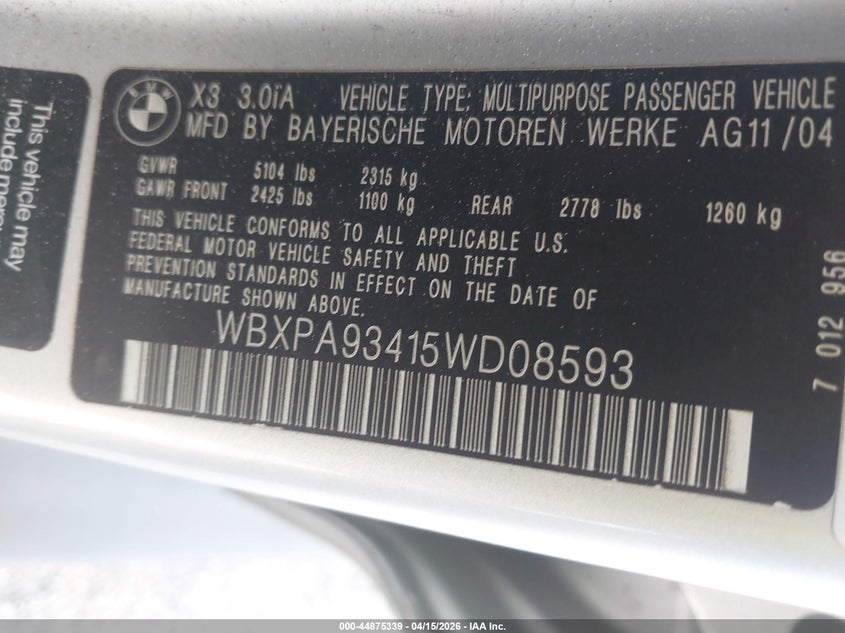 2005 BMW X3 3.0I VIN: WBXPA93415WD08593 Lot: 44875339