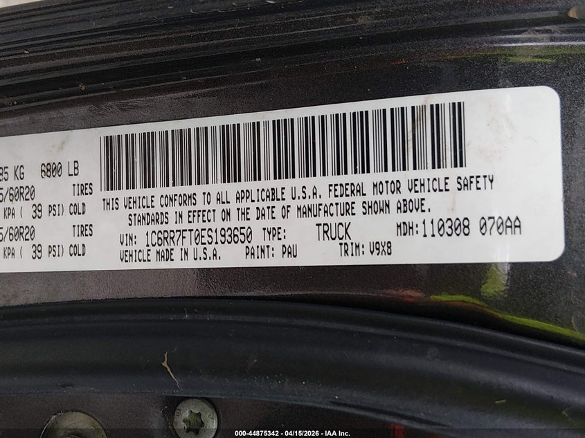 2014 Ram 1500 Express VIN: 1C6RR7FT0ES193650 Lot: 44875342