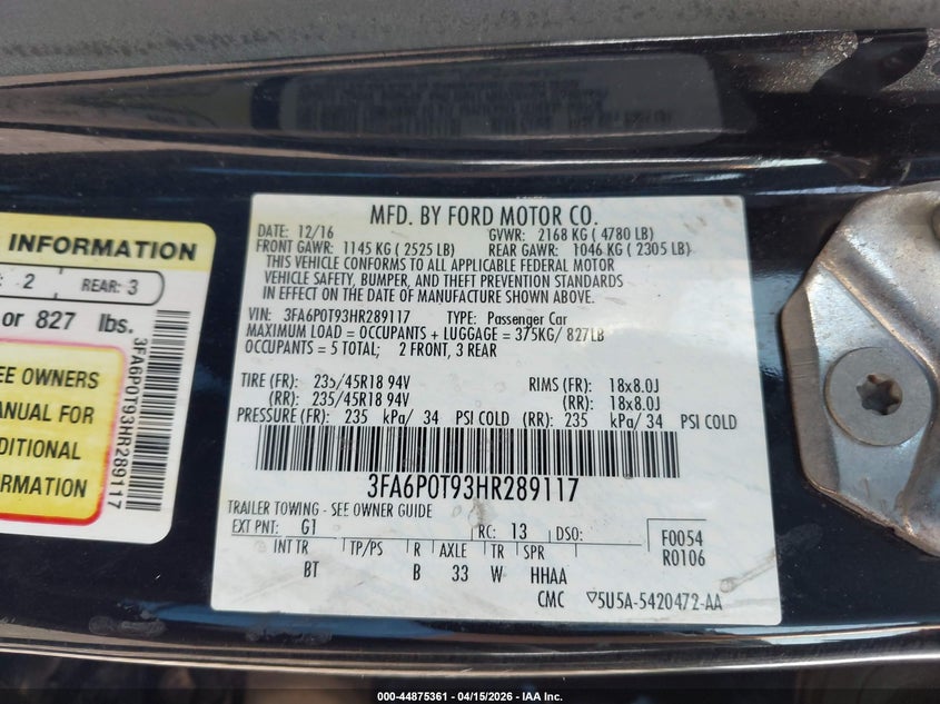 2017 Ford Fusion Se VIN: 3FA6P0T93HR289117 Lot: 44875361