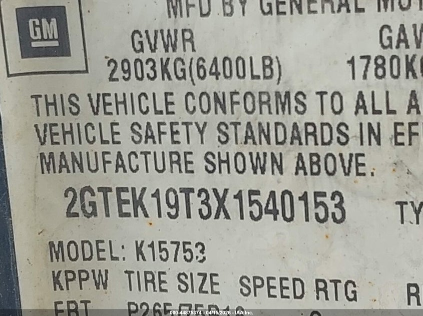 1999 GMC Sierra 1500 Sle VIN: 2GTEK19T3X1540153 Lot: 44875374