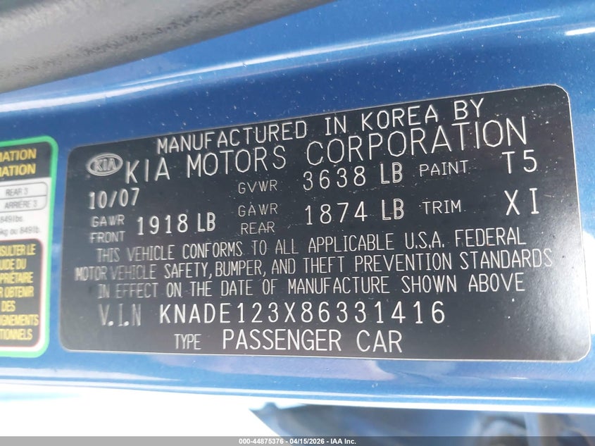 2008 Kia Rio Lx VIN: KNADE123X86331416 Lot: 44875376