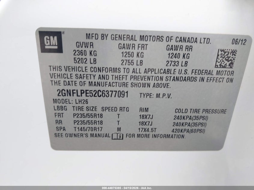 2012 Chevrolet Equinox 2Lt VIN: 2GNFLPE52C6377091 Lot: 44875385