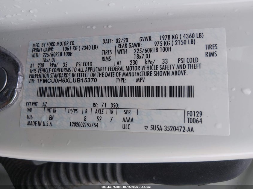 2020 Ford Escape Sel VIN: 1FMCU0H6XLUB15370 Lot: 44875389