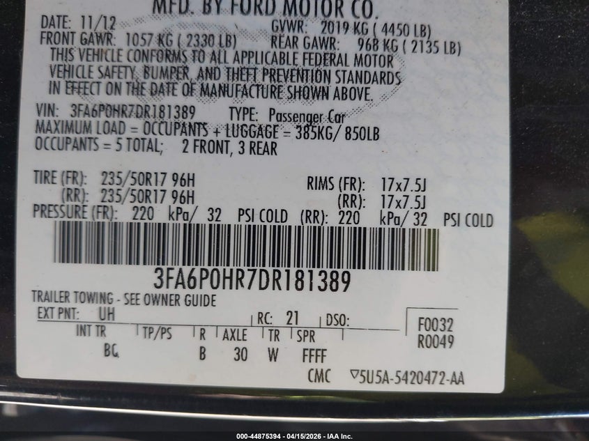 2013 Ford Fusion Se VIN: 3FA6P0HR7DR181389 Lot: 44875394