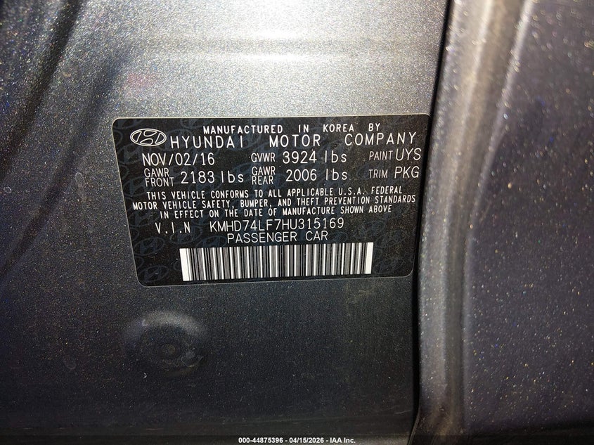 2017 Hyundai Elantra Se VIN: KMHD74LF7HU315169 Lot: 44875396