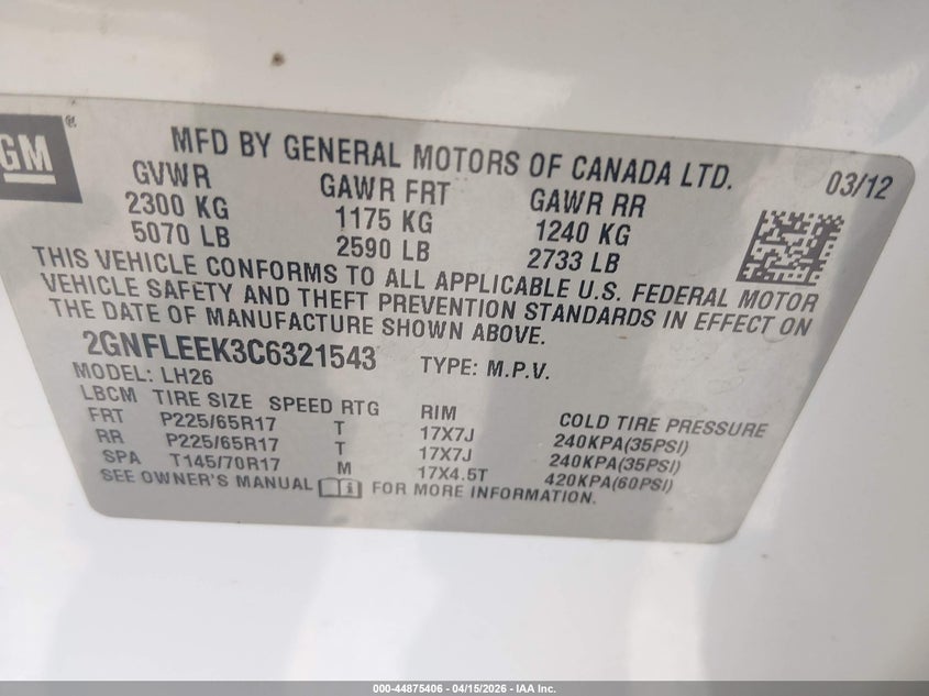 2012 Chevrolet Equinox 1Lt VIN: 2GNFLEEK3C6321543 Lot: 44875406