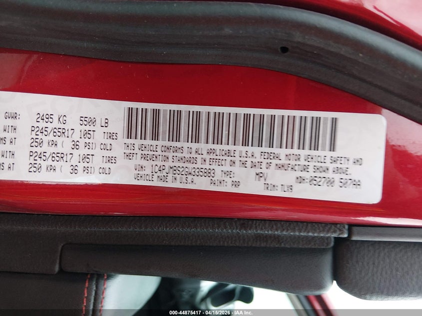 2016 Jeep Cherokee Trailhawk VIN: 1C4PJMBS2GW335883 Lot: 44875417