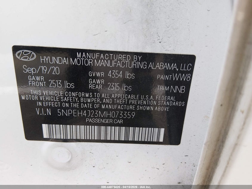 2021 Hyundai Sonata Limited VIN: 5NPEH4J23MH073359 Lot: 44875420