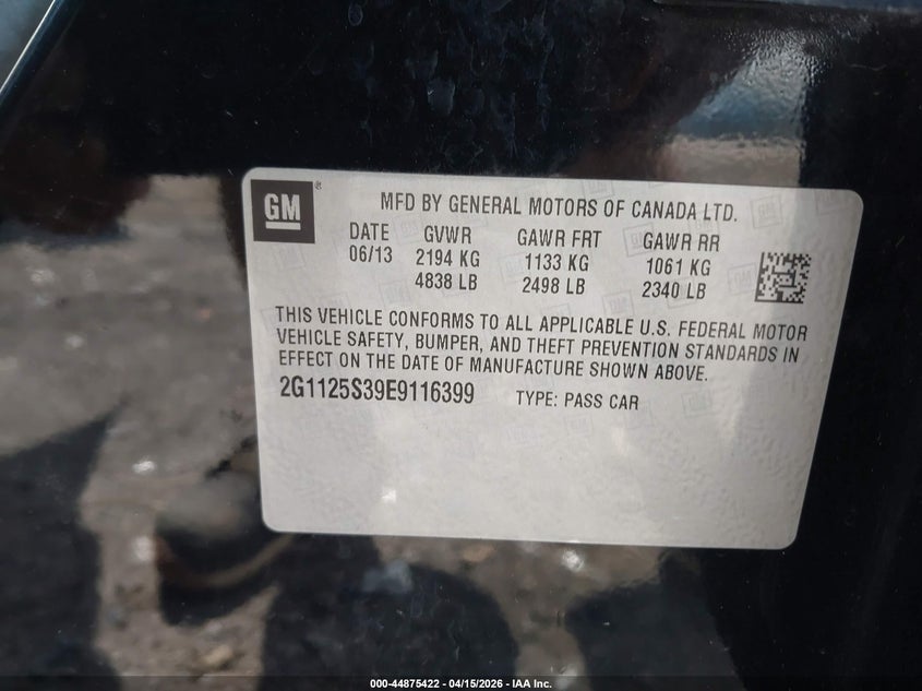 2014 Chevrolet Impala 2Lt VIN: 2G1125S39E9116399 Lot: 44875422