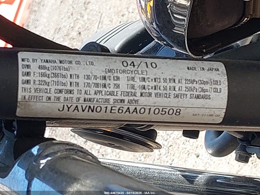 2010 Yamaha Xvs950 A VIN: JYAVN01E6AA010508 Lot: 44875425