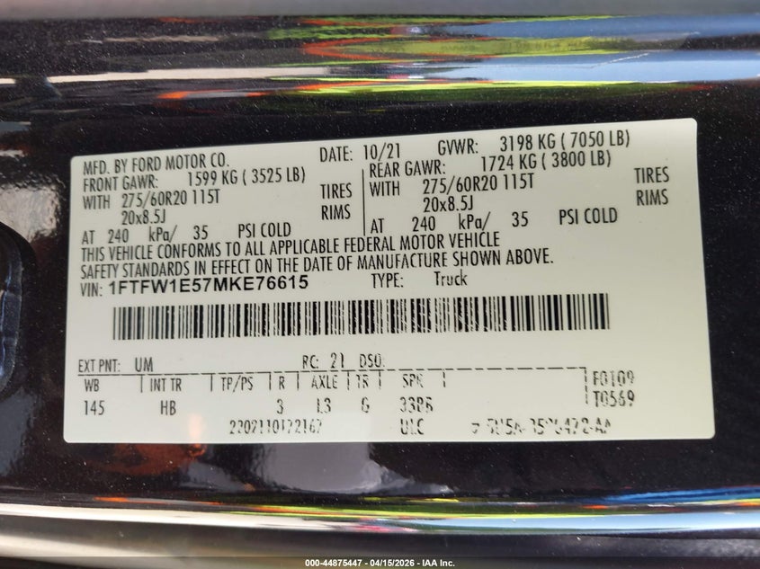 2021 Ford F-150 Lariat VIN: 1FTFW1E57MKE76615 Lot: 44875447