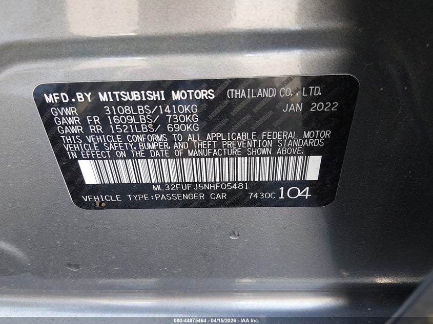 2022 Mitsubishi Mirage G4 Es VIN: ML32FUFJ5NHF05481 Lot: 44875464