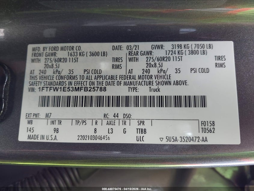 2021 Ford F-150 Platinum VIN: 1FTFW1E53MFB25788 Lot: 44875476