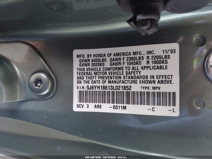 2003 Honda Element Ex VIN: 5J6YH18613L021852 Lot: 44875490