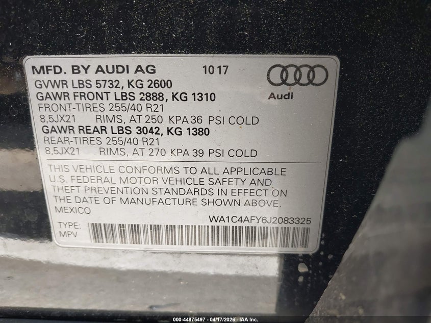 2018 Audi Sq5 3.0T Premium Plus VIN: WA1C4AFY6J2083325 Lot: 44875497