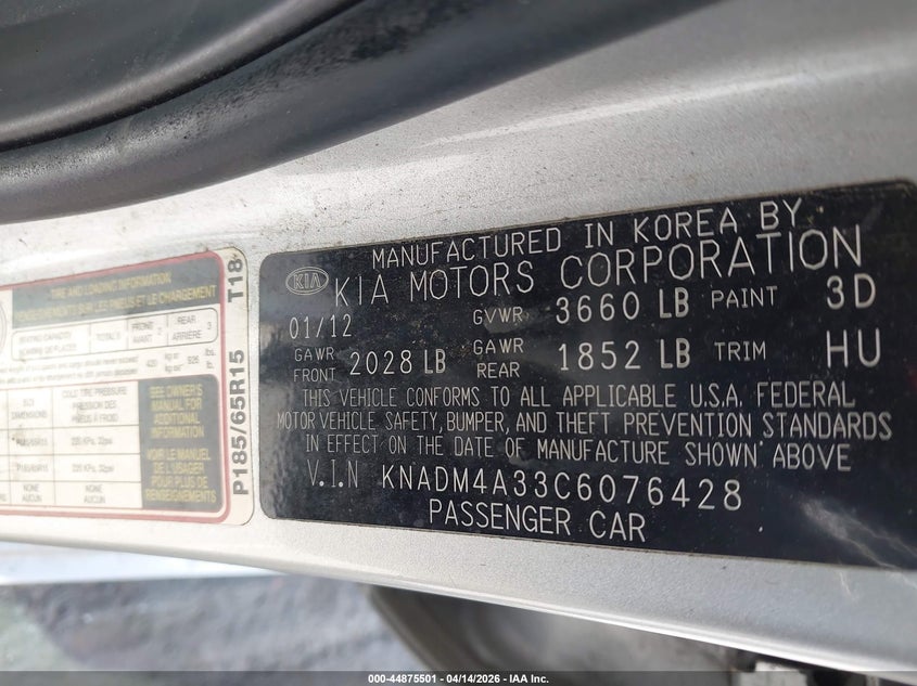 2012 Kia Rio Lx VIN: KNADM4A33C6076428 Lot: 44875501