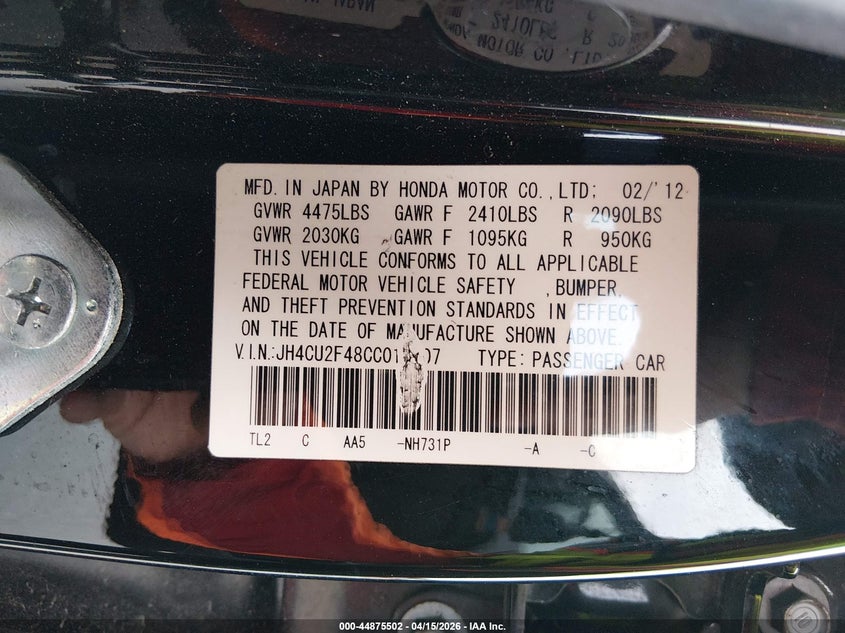 2012 Acura Tsx 2.4 VIN: JH4CU2F48CC018707 Lot: 44875502