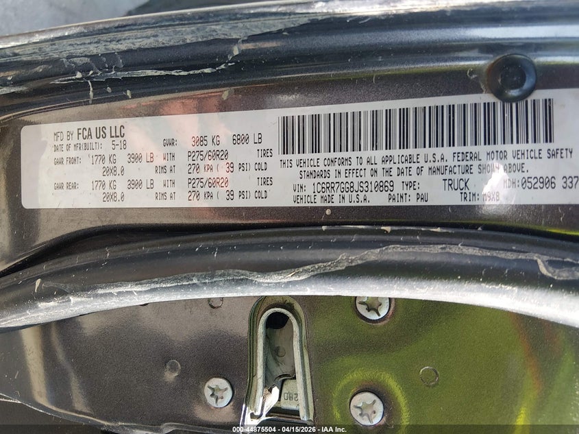 2018 Ram 1500 Big Horn 4X4 6'4 Box VIN: 1C6RR7GG8JS310869 Lot: 44875504