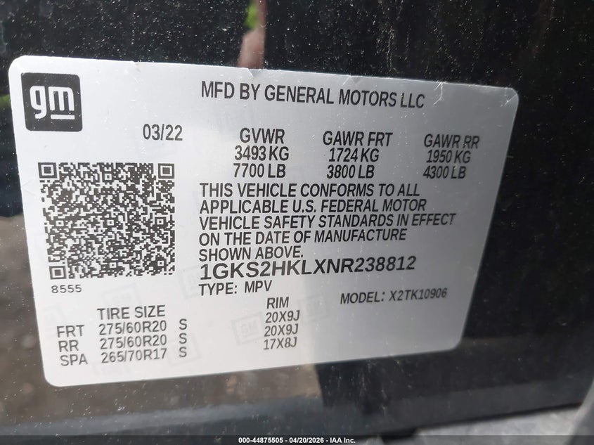 2022 GMC Yukon Xl 4Wd At4 VIN: 1GKS2HKLXNR238812 Lot: 44875505