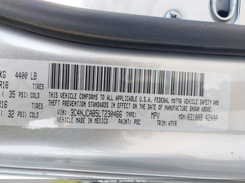 2020 Jeep Compass Sport Fwd VIN: 3C4NJCAB5LT230466 Lot: 44875508