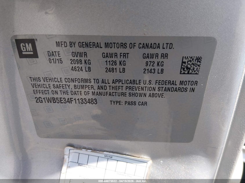 2015 Chevrolet Impala Limited Lt VIN: 2G1WB5E34F1133483 Lot: 44875522